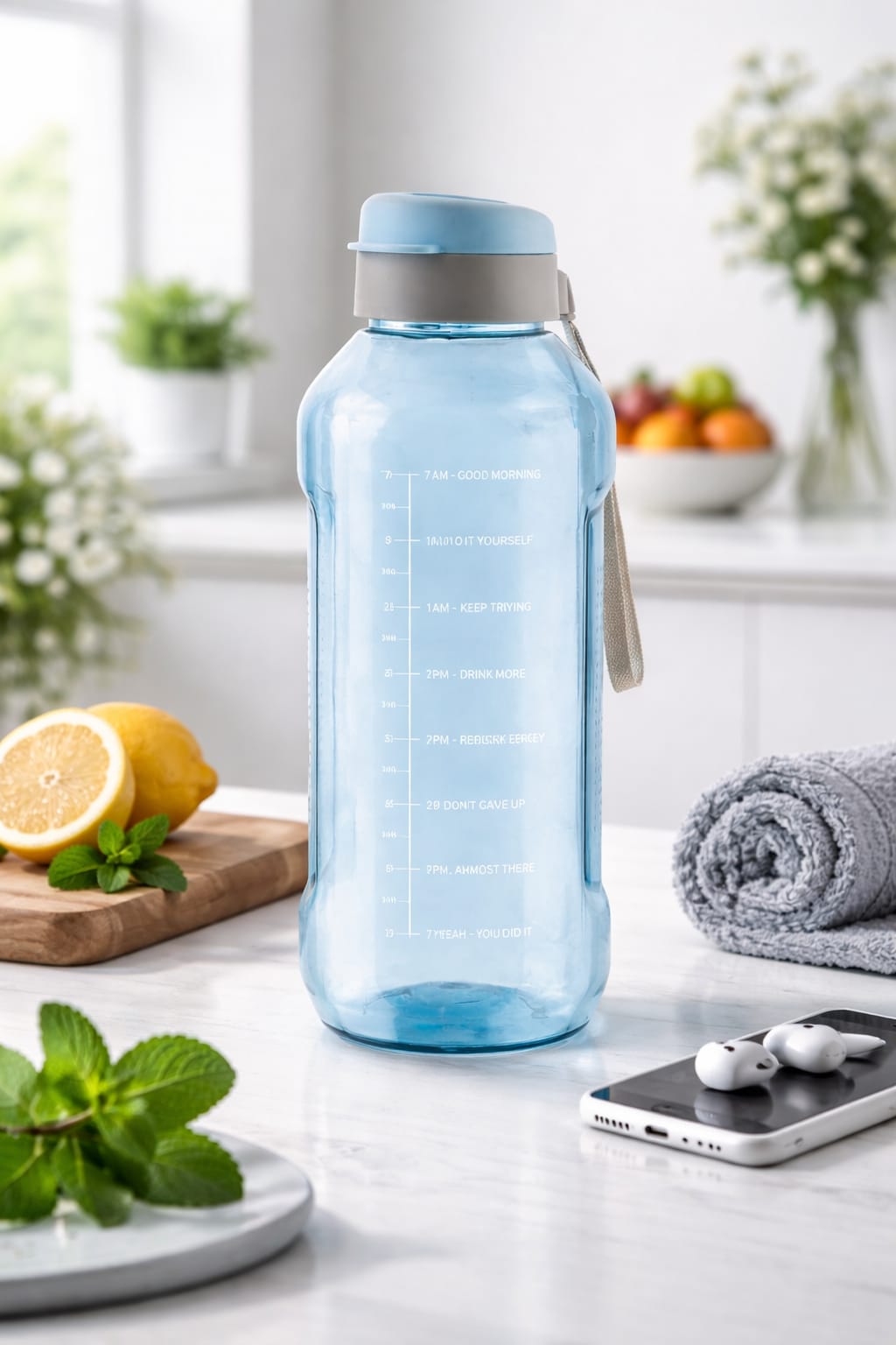 Motivational Time Marker Water Bottle with Carry Strap | BPA Free Leakproof Reusable Drinking Bottle