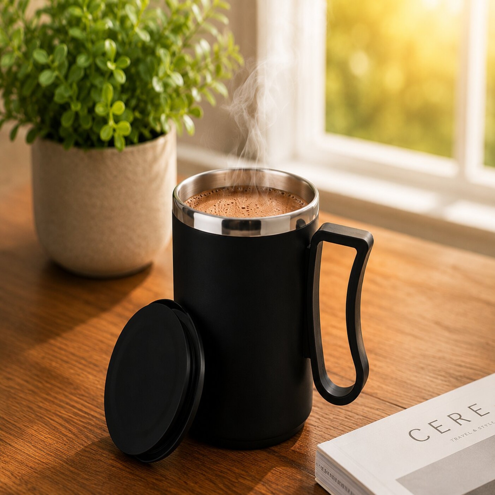 Stainless Steel Insulated Coffee Mug with Lid & Handle – Black