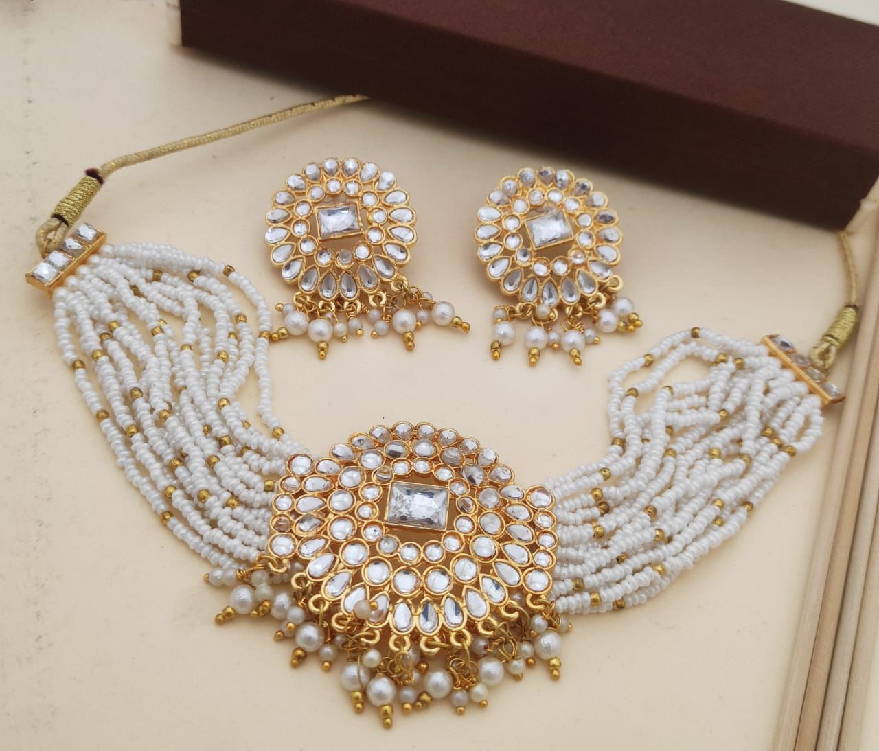 Traditional Kundan Pearl Choker Necklace Set with Earrings for Women