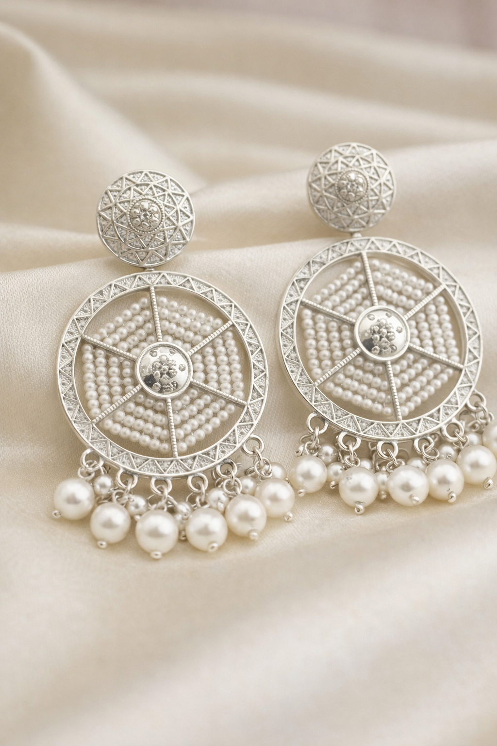 Silver Plated Pearl Chandbali Earrings for Women