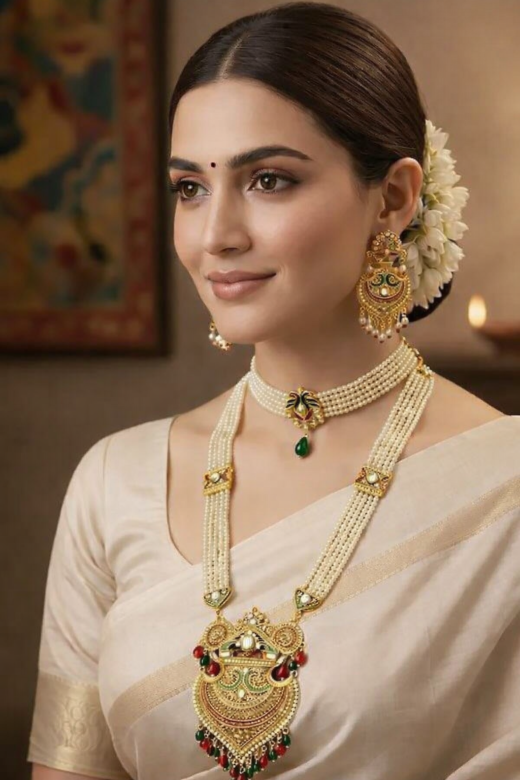 Traditional Pearl Temple Long Haram & Choker Jewellery Set for Women
