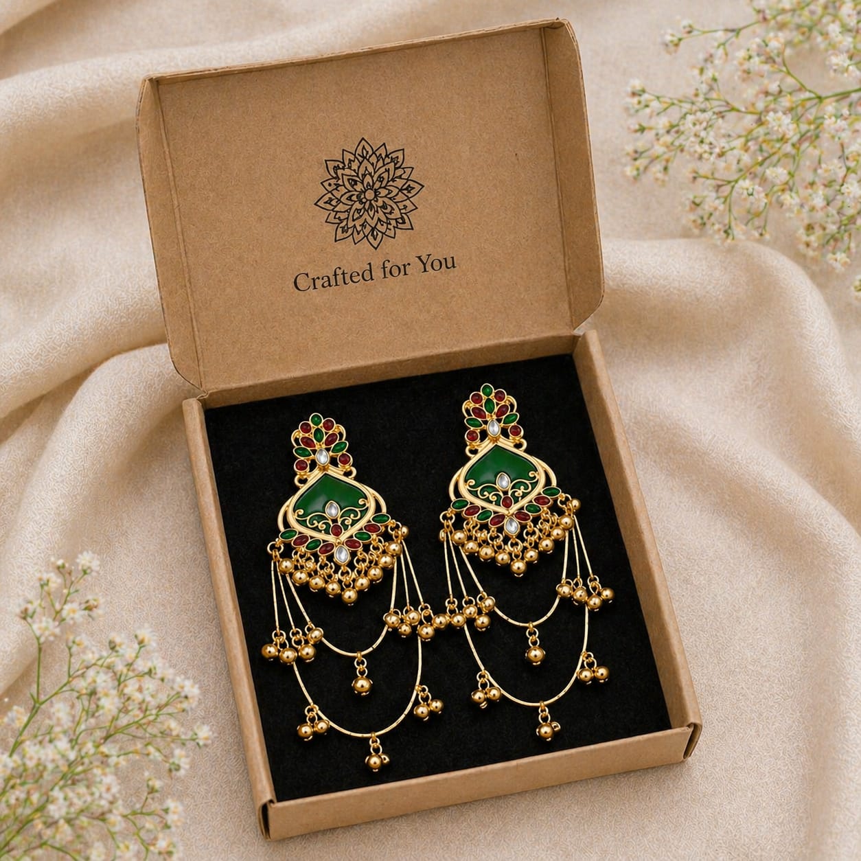 Traditional Green Kundan Chandbali Earrings for Women
