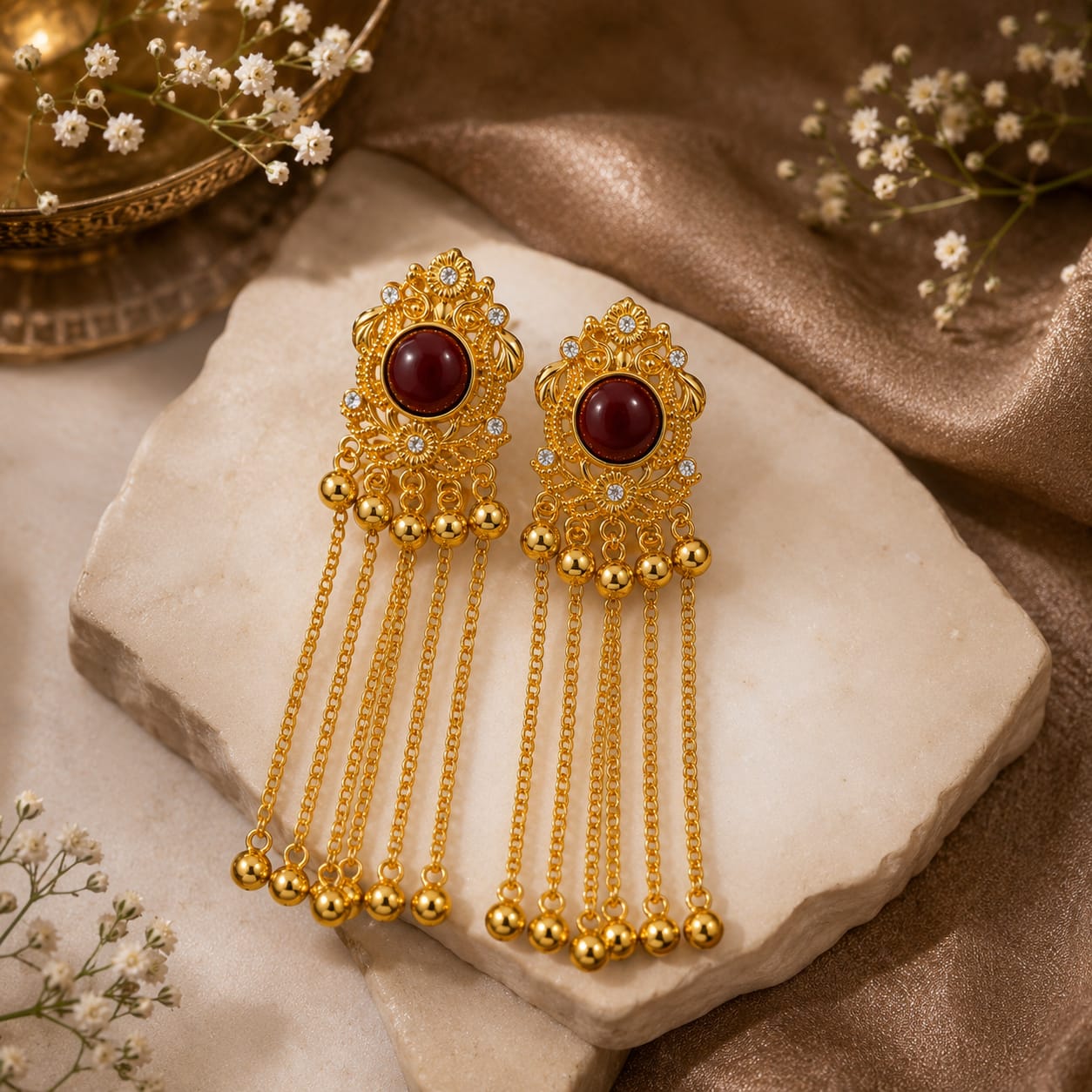 Gold Plated Maroon Stone Long Tassel Earrings for Women