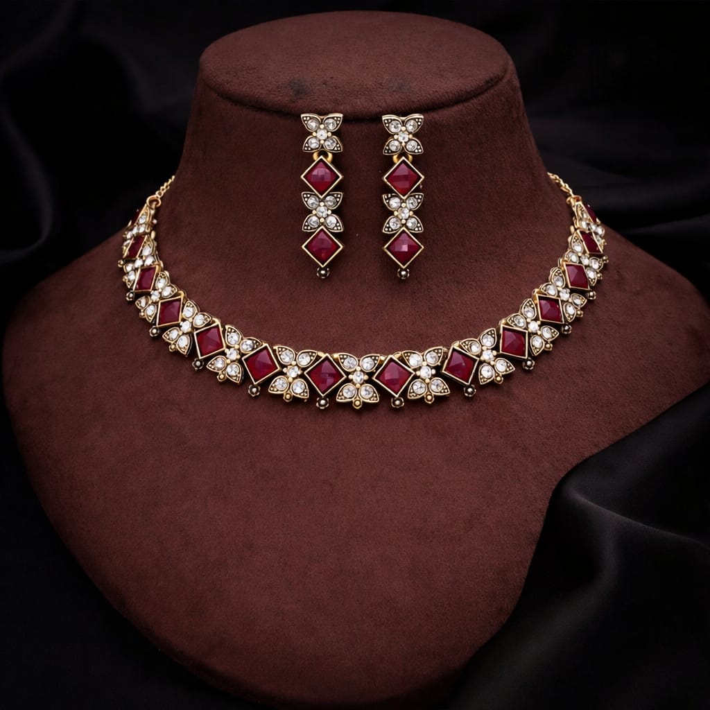 Gold Plated Maroon Stone Necklace Set with Earrings for Women