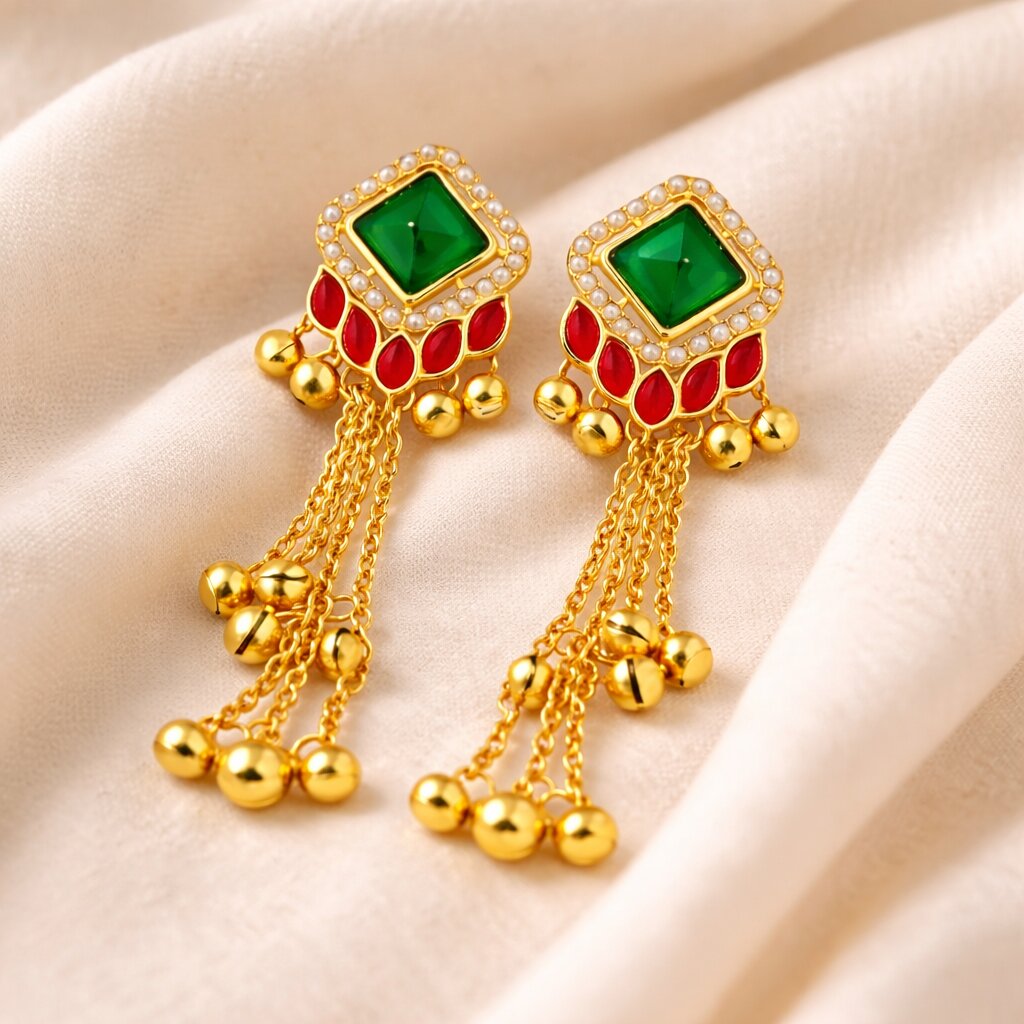 Gold Plated Green & Red Kundan Tassel Earrings for Women