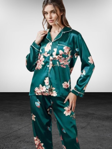 Women's Satin Floral Print Night Suit Set – Full Sleeve Shirt & Pajama