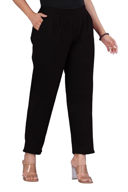 Women's Solid Black Straight Fit Casual Trousers with Pockets
