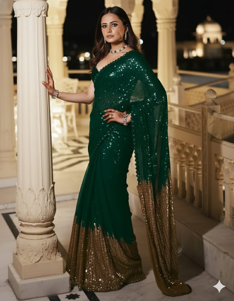 Women's Green Sequins Party Wear Saree with Designer Blouse