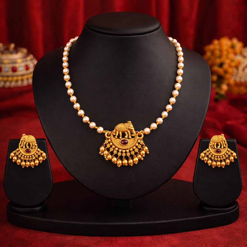 Gold Plated Temple Pearl Necklace Set with Elephant Pendant for Women