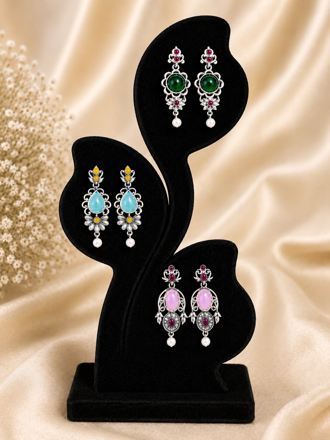 Silver Oxidised Stone Drop Earrings for Women (Multicolor Options)