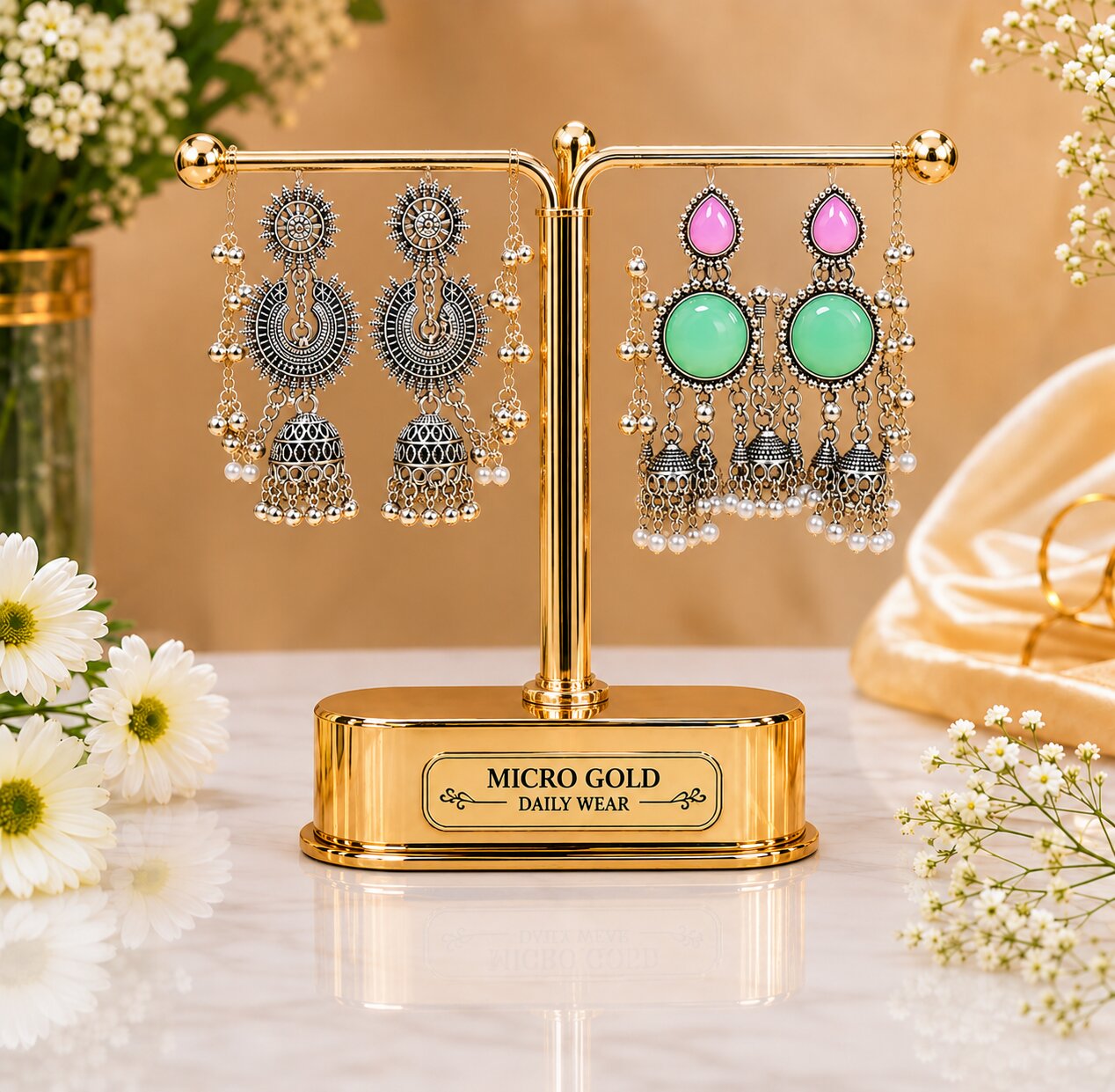 Micro Gold Oxidised Jhumka Earrings Combo for Women (Pack of 2)