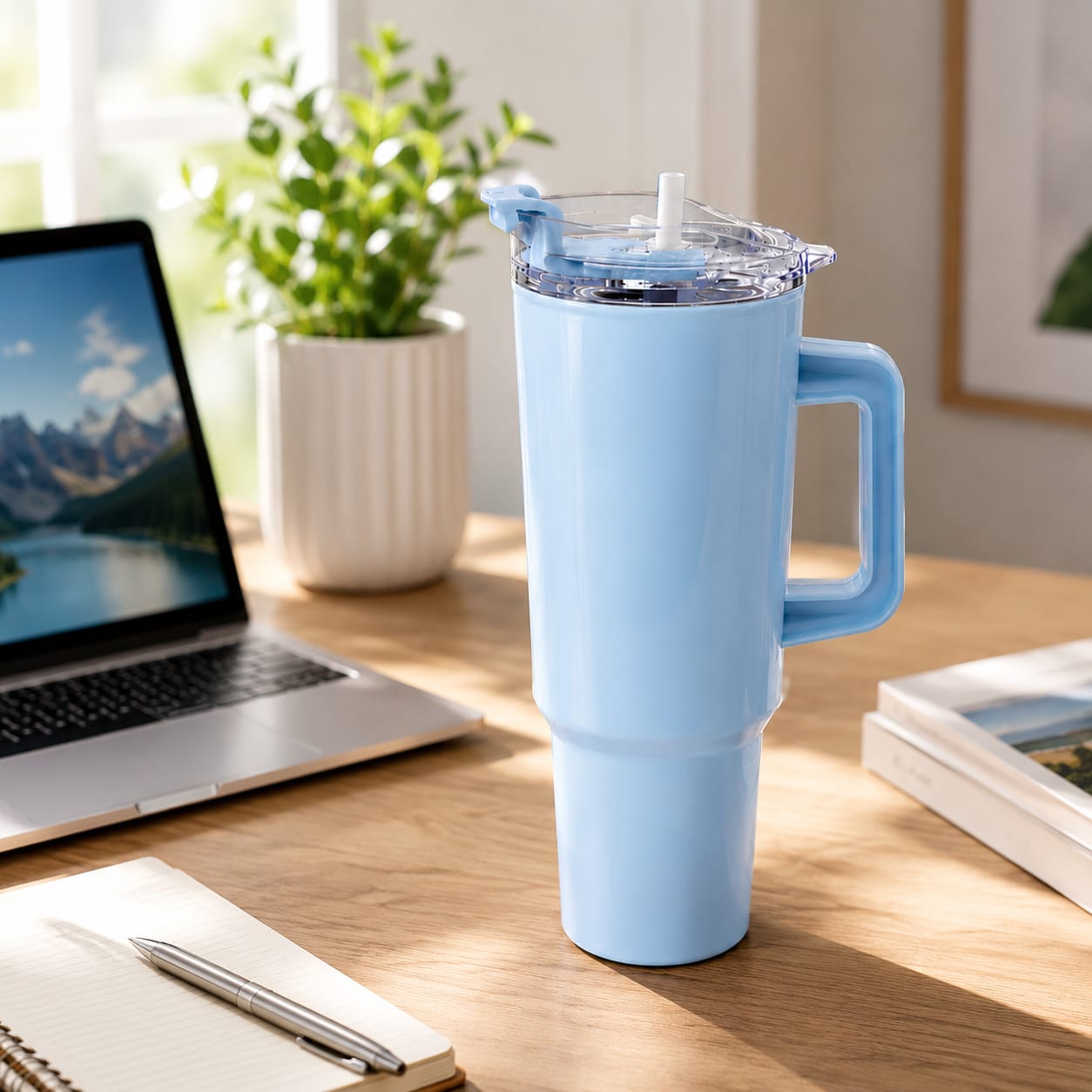 1800ML Large Capacity Tumbler with Handle, Straw & Lid (BLUE)