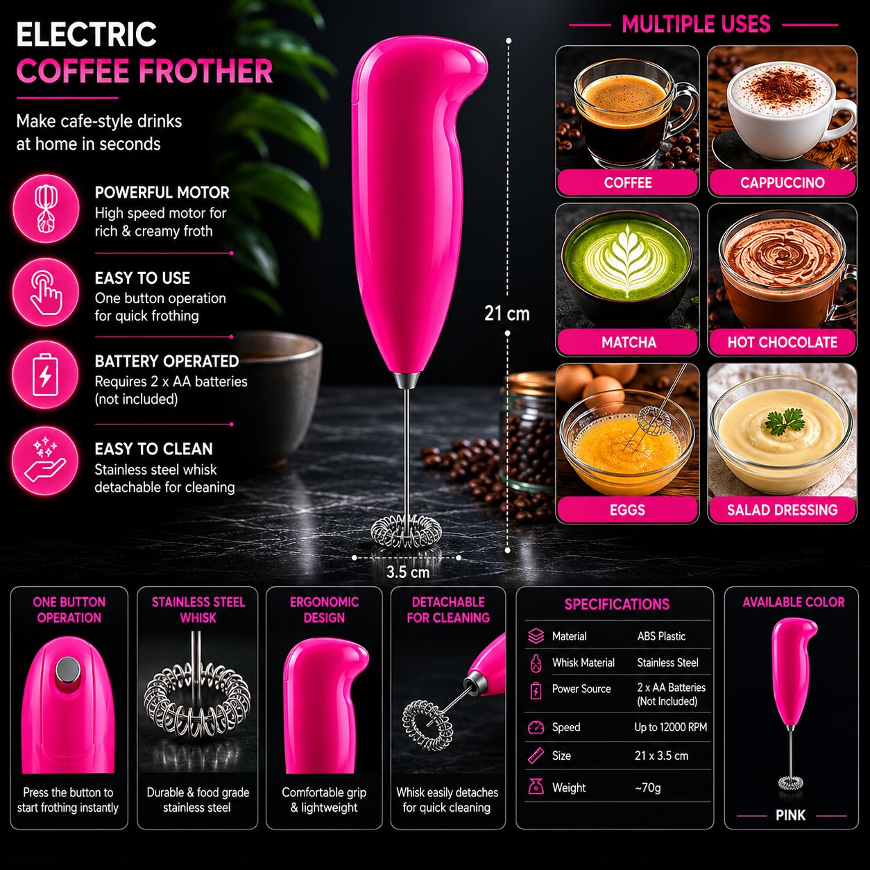 Portable Electric Handheld Milk Frother Coffee Foam Maker (Pink) image 3