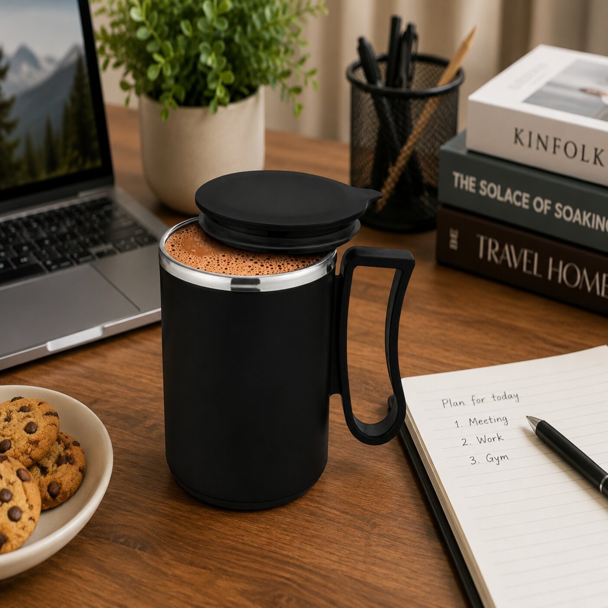 Stainless Steel Insulated Coffee Mug with Lid & Handle – Black image 2