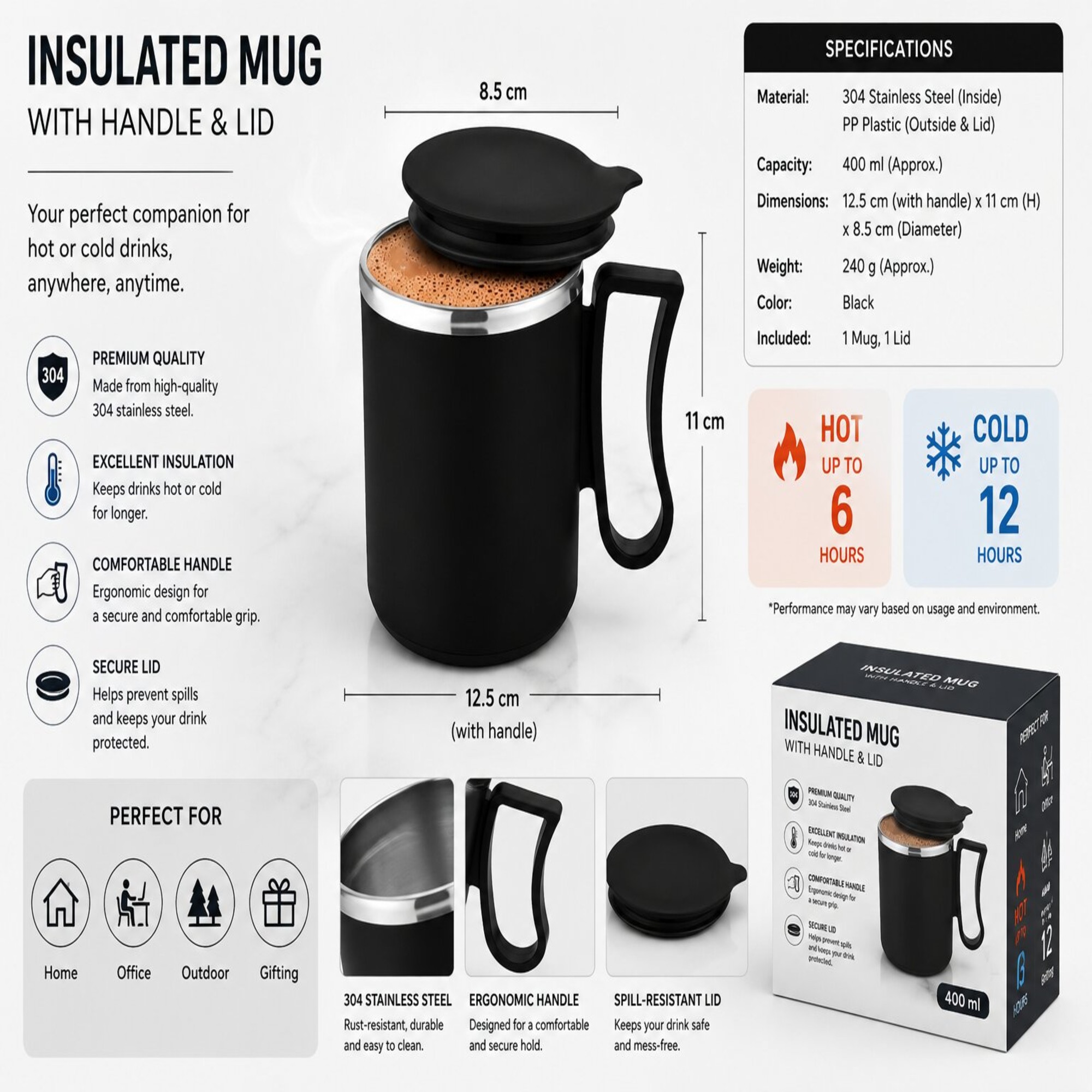 Stainless Steel Insulated Coffee Mug with Lid & Handle – Black image 3