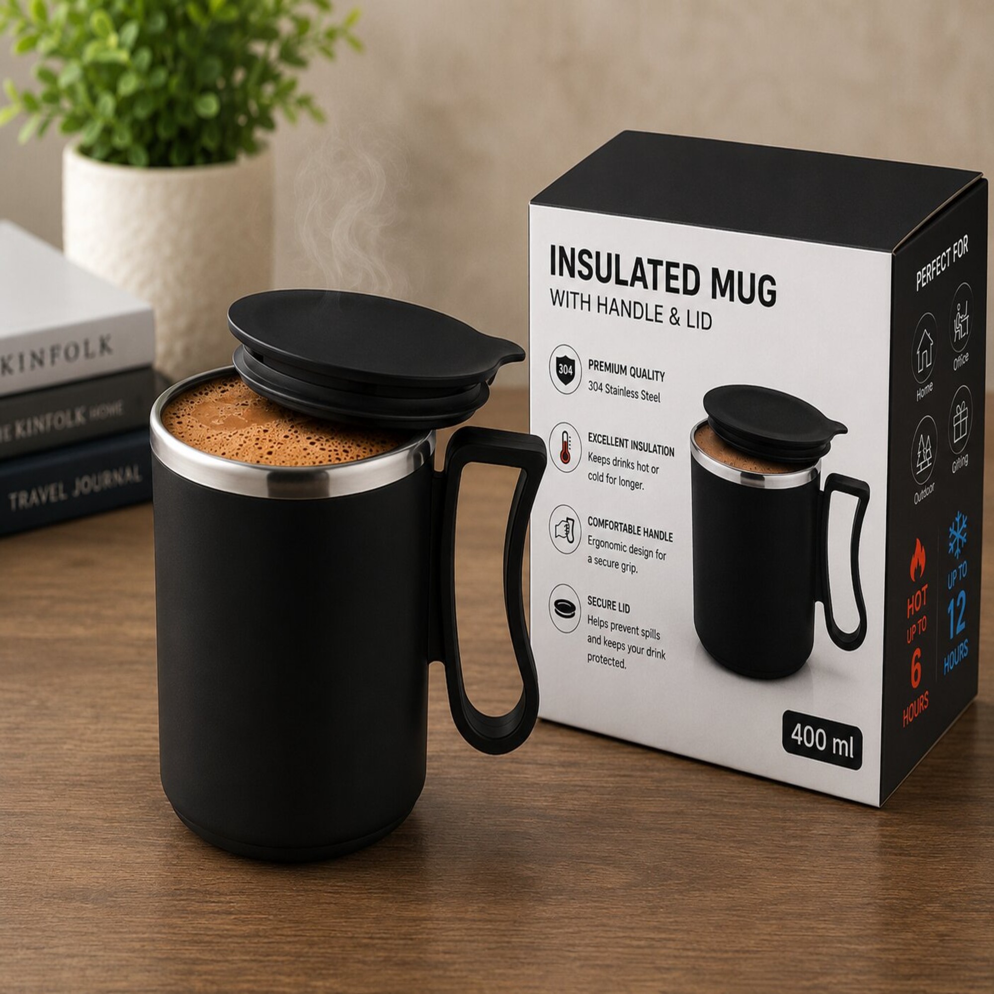 Stainless Steel Insulated Coffee Mug with Lid & Handle – Black image 4