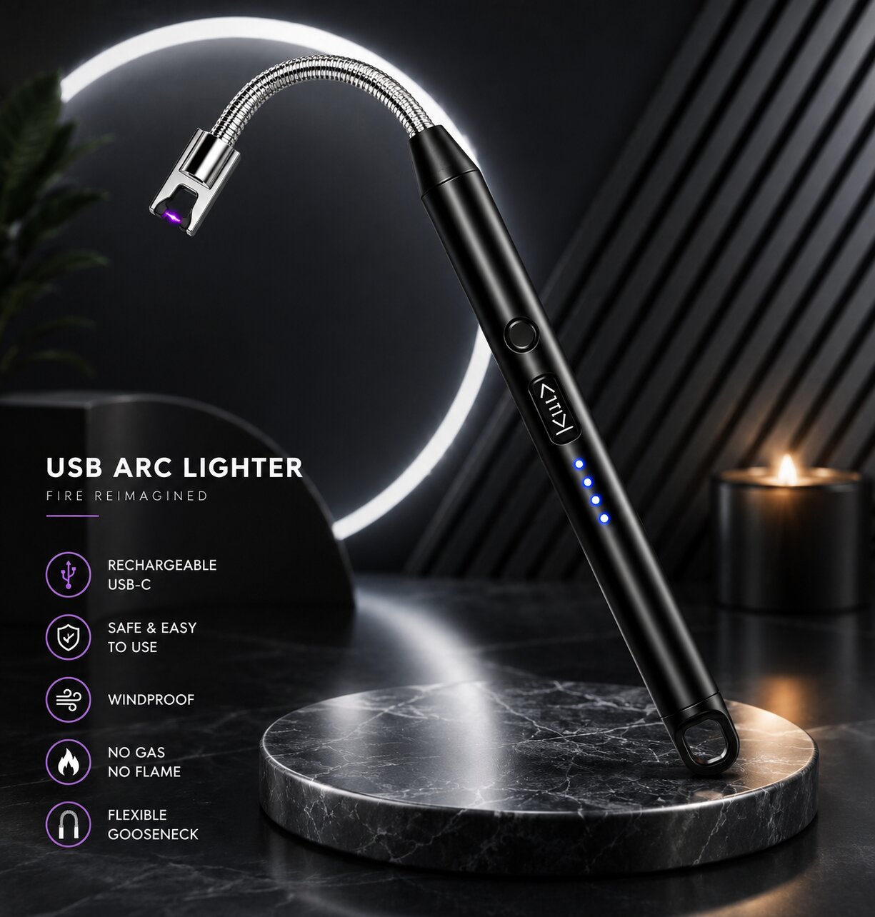 USB Rechargeable Electric Arc Candle Lighter with Flexible Neck – Black image 2