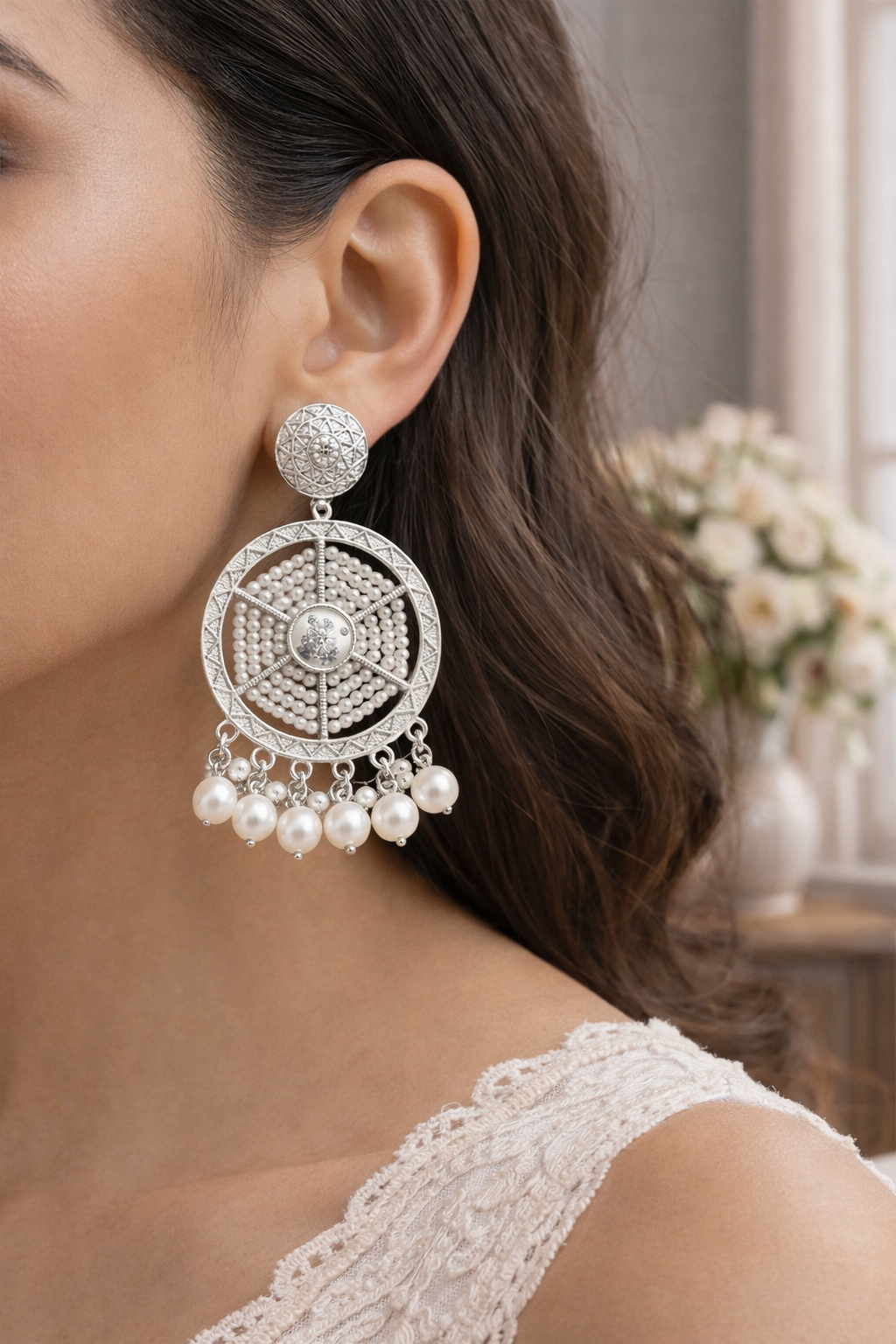 Silver Plated Pearl Chandbali Earrings for Women image 2