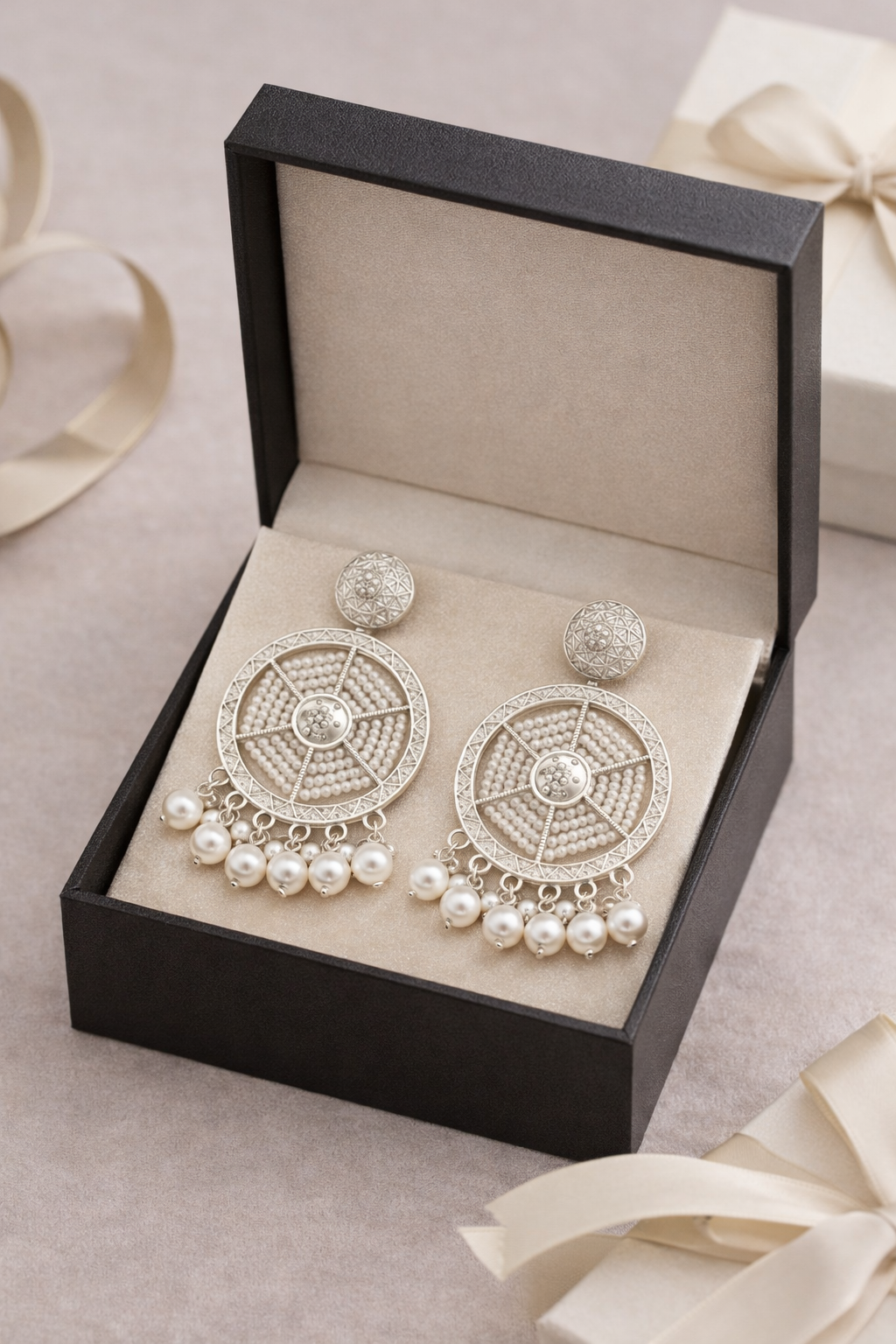 Silver Plated Pearl Chandbali Earrings for Women image 3