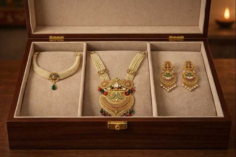 Traditional Pearl Temple Long Haram & Choker Jewellery Set for Women image 2