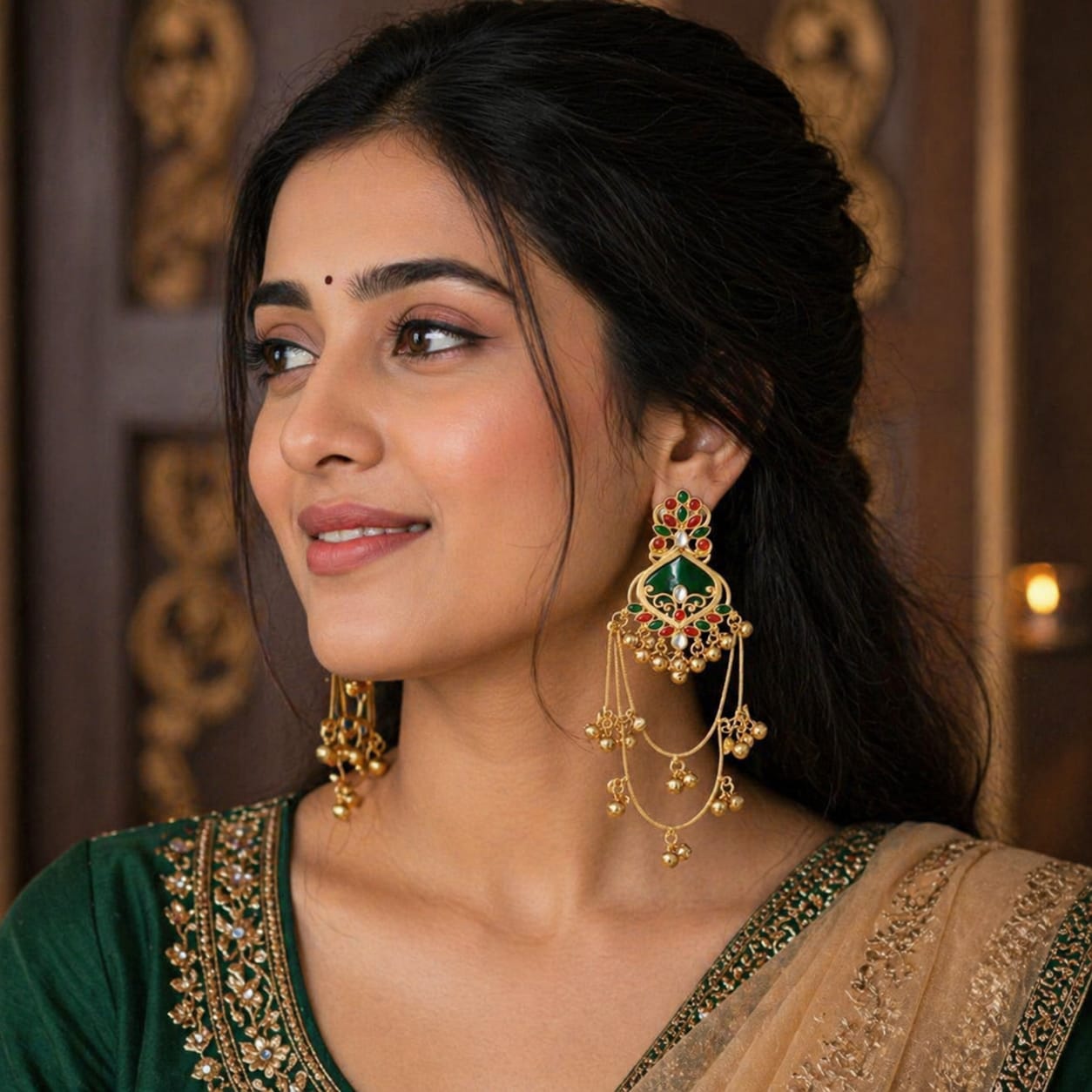 Traditional Green Kundan Chandbali Earrings for Women image 2