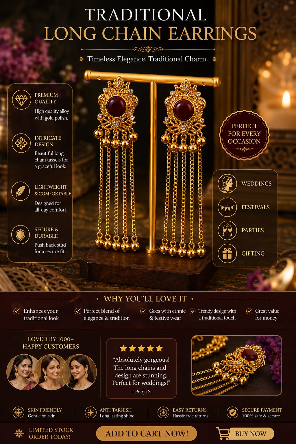 Gold Plated Maroon Stone Long Tassel Earrings for Women image 3