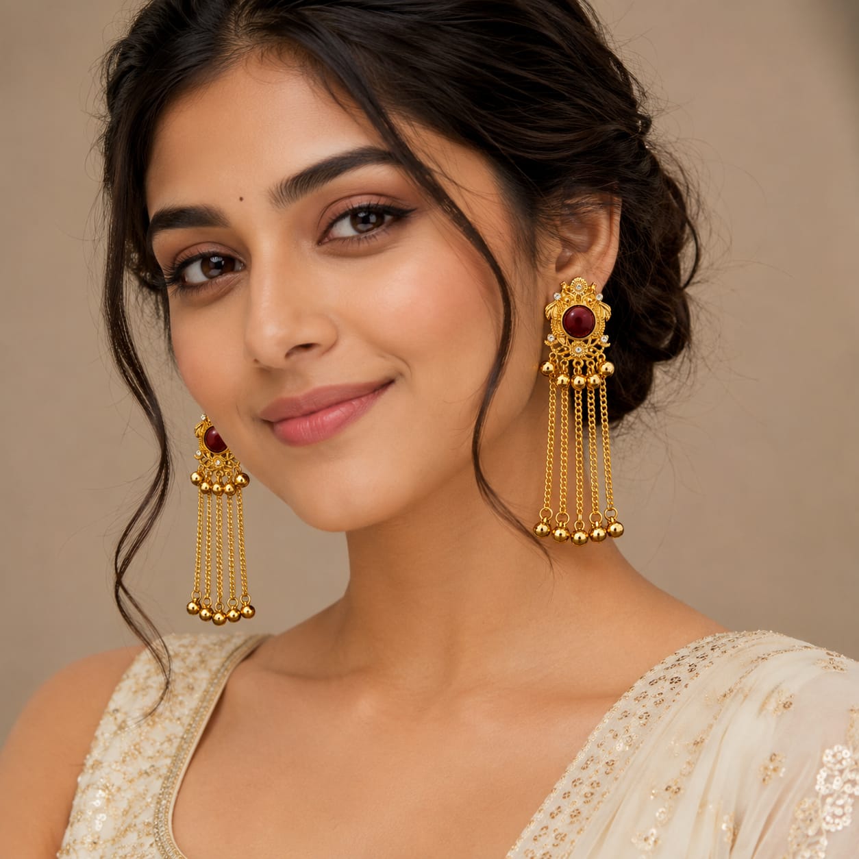 Gold Plated Maroon Stone Long Tassel Earrings for Women image 4