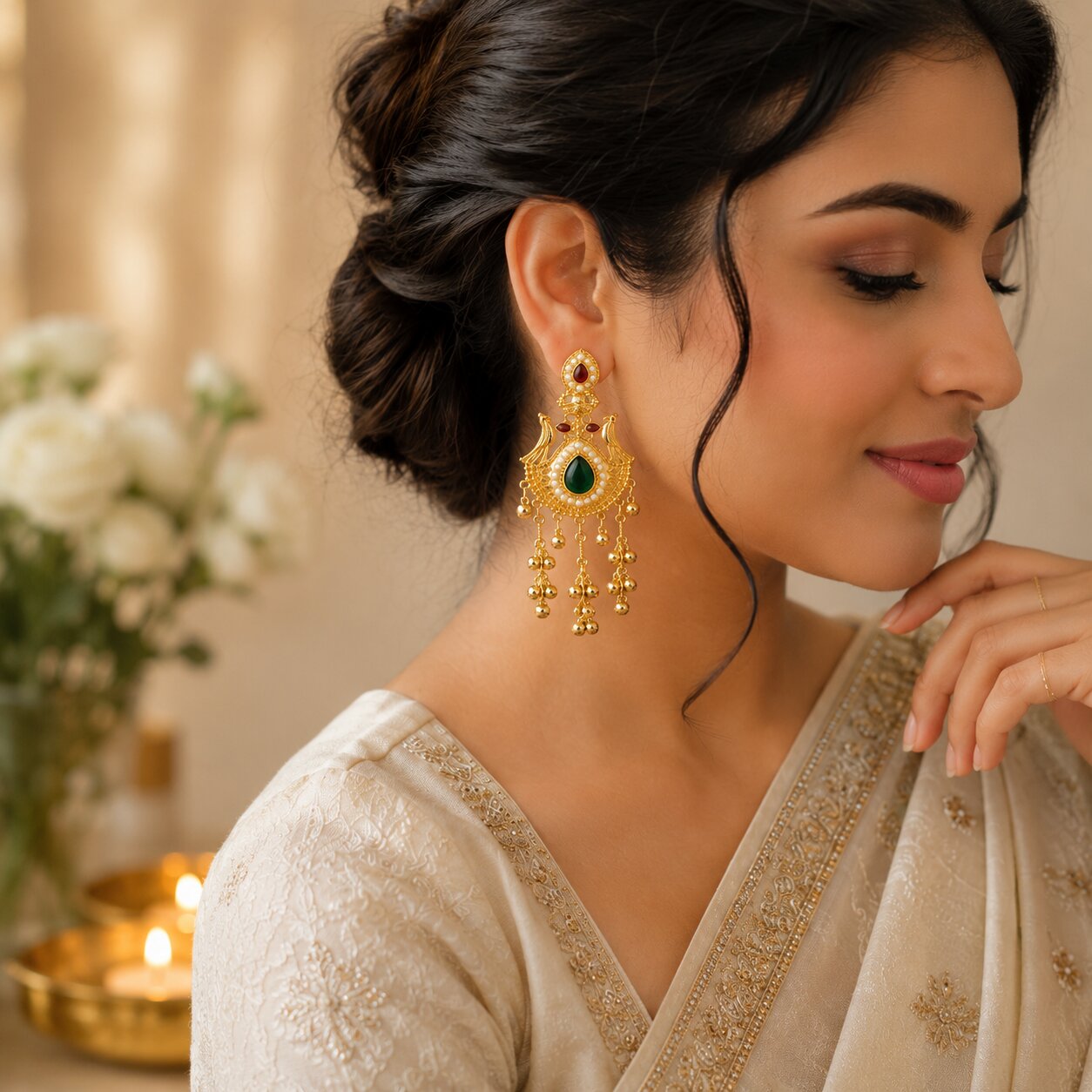 Gold Plated Peacock Kundan Drop Earrings for Women image 3