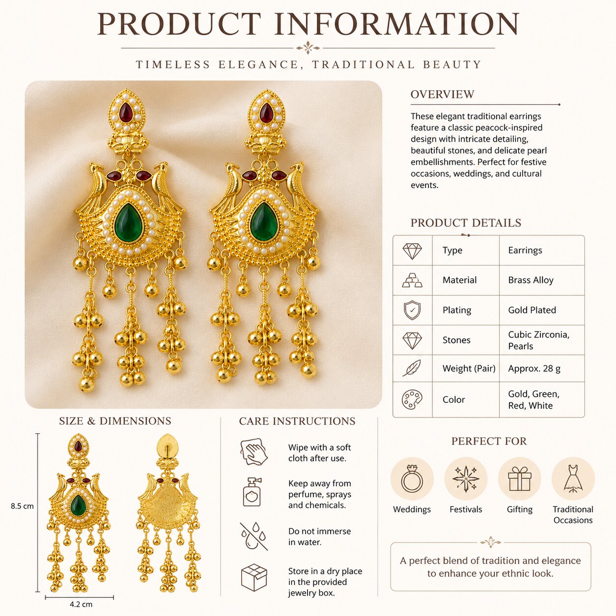 Gold Plated Peacock Kundan Drop Earrings for Women image 4