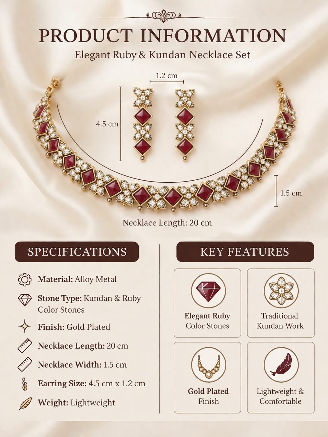 Gold Plated Maroon Stone Necklace Set with Earrings for Women image 2