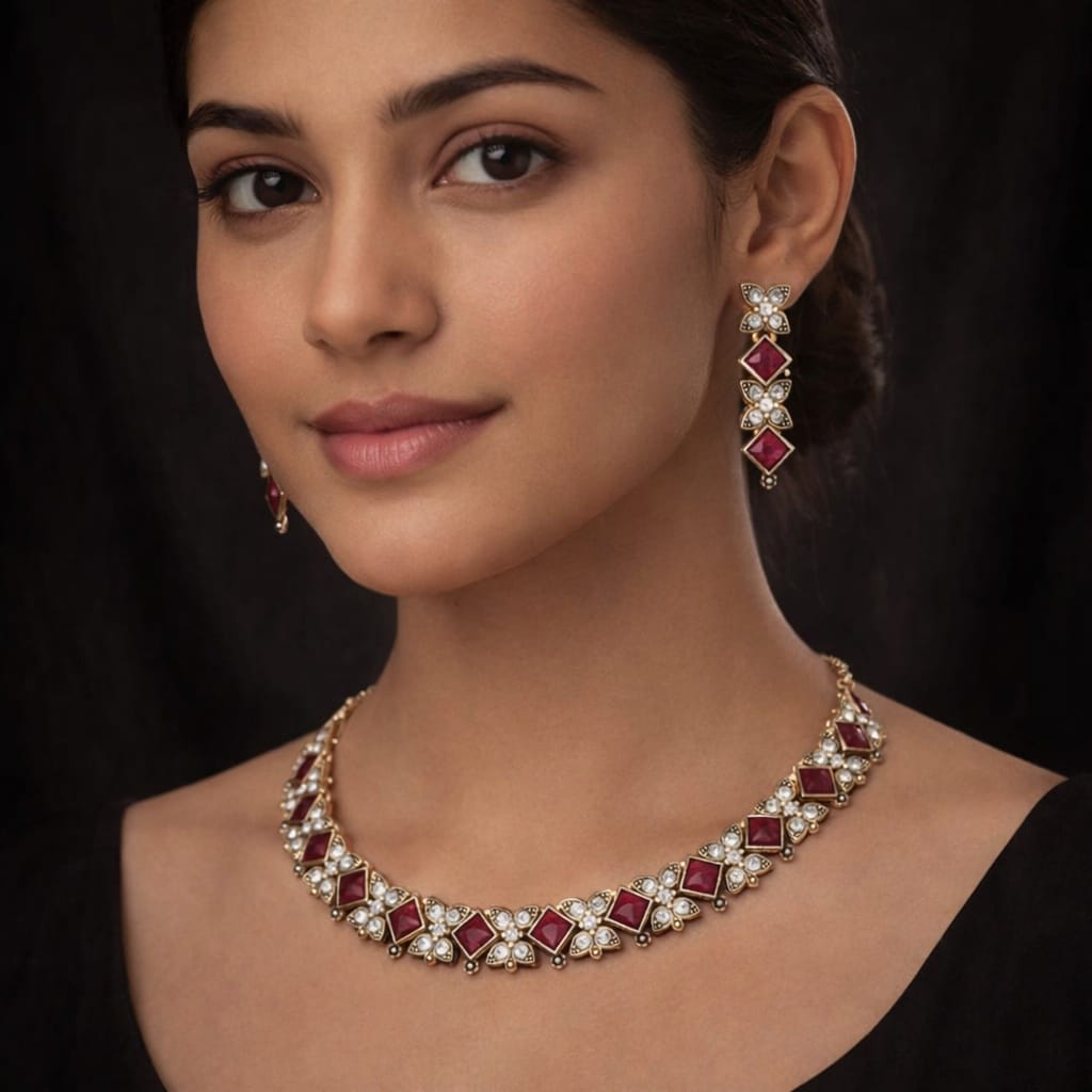 Gold Plated Maroon Stone Necklace Set with Earrings for Women image 4