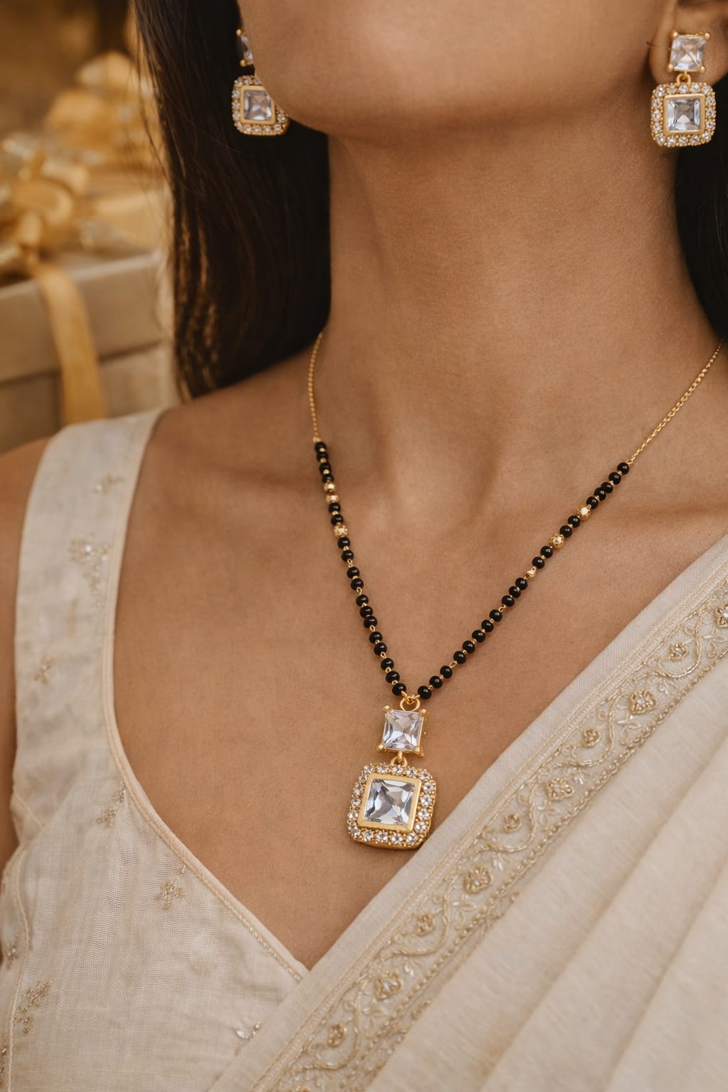 Gold Plated American Diamond Mangalsutra Set with Earrings for Women image 2