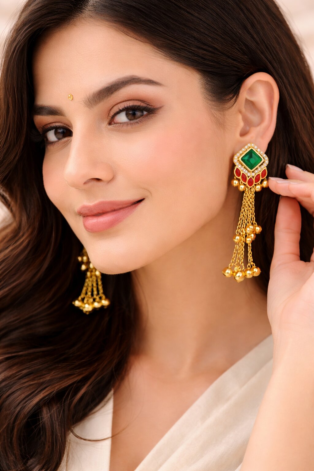 Gold Plated Green & Red Kundan Tassel Earrings for Women image 2