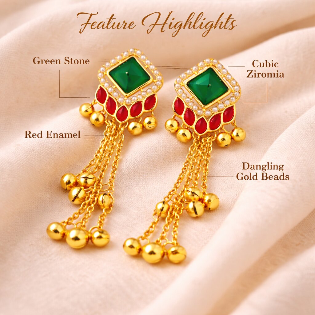 Gold Plated Green & Red Kundan Tassel Earrings for Women image 3