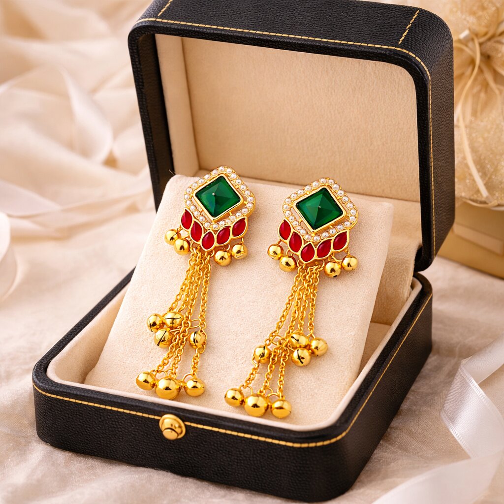 Gold Plated Green & Red Kundan Tassel Earrings for Women image 4