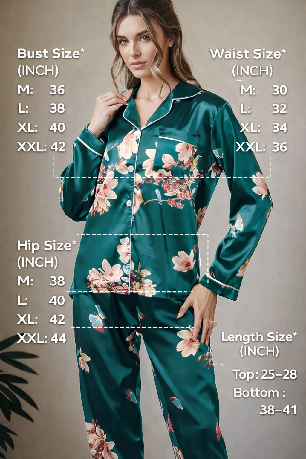 Women's Satin Floral Print Night Suit Set – Full Sleeve Shirt & Pajama image 2