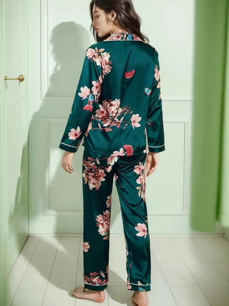 Women's Satin Floral Print Night Suit Set – Full Sleeve Shirt & Pajama image 3