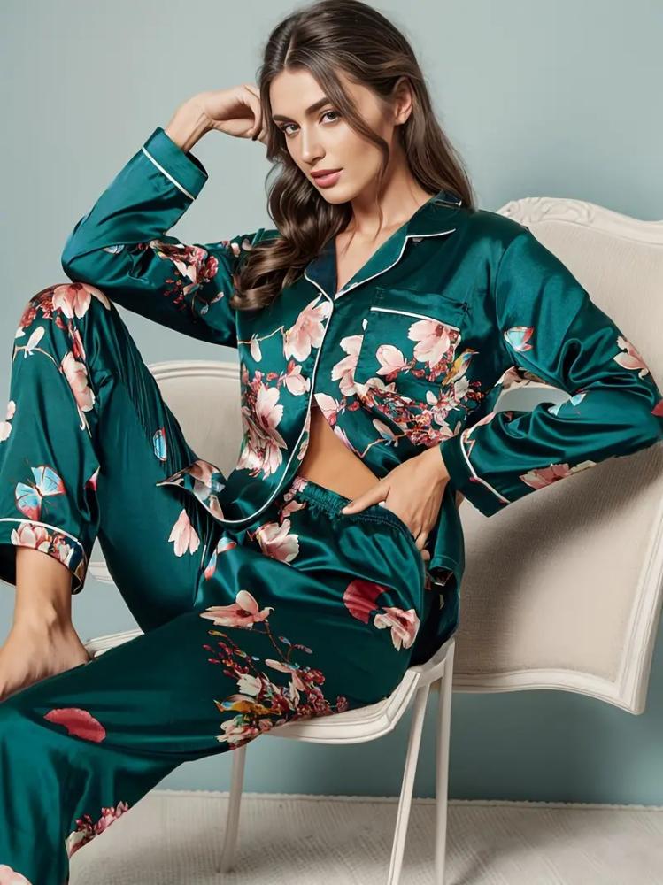 Women's Satin Floral Print Night Suit Set – Full Sleeve Shirt & Pajama image 4
