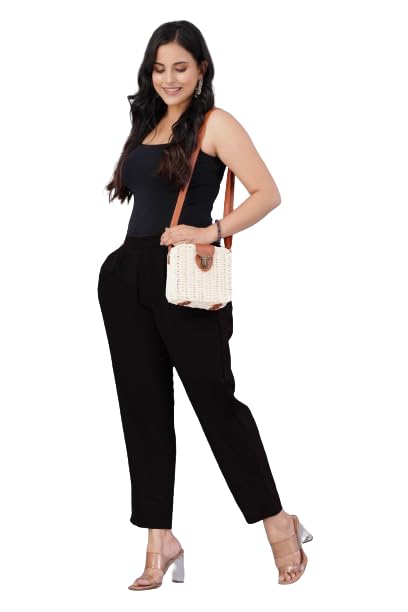 Women's Solid Black Straight Fit Casual Trousers with Pockets image 2