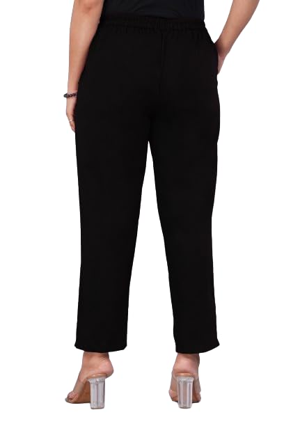 Women's Solid Black Straight Fit Casual Trousers with Pockets image 3