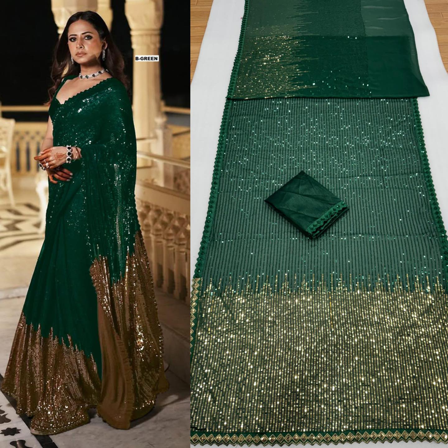 Women's Green Sequins Party Wear Saree with Designer Blouse image 2