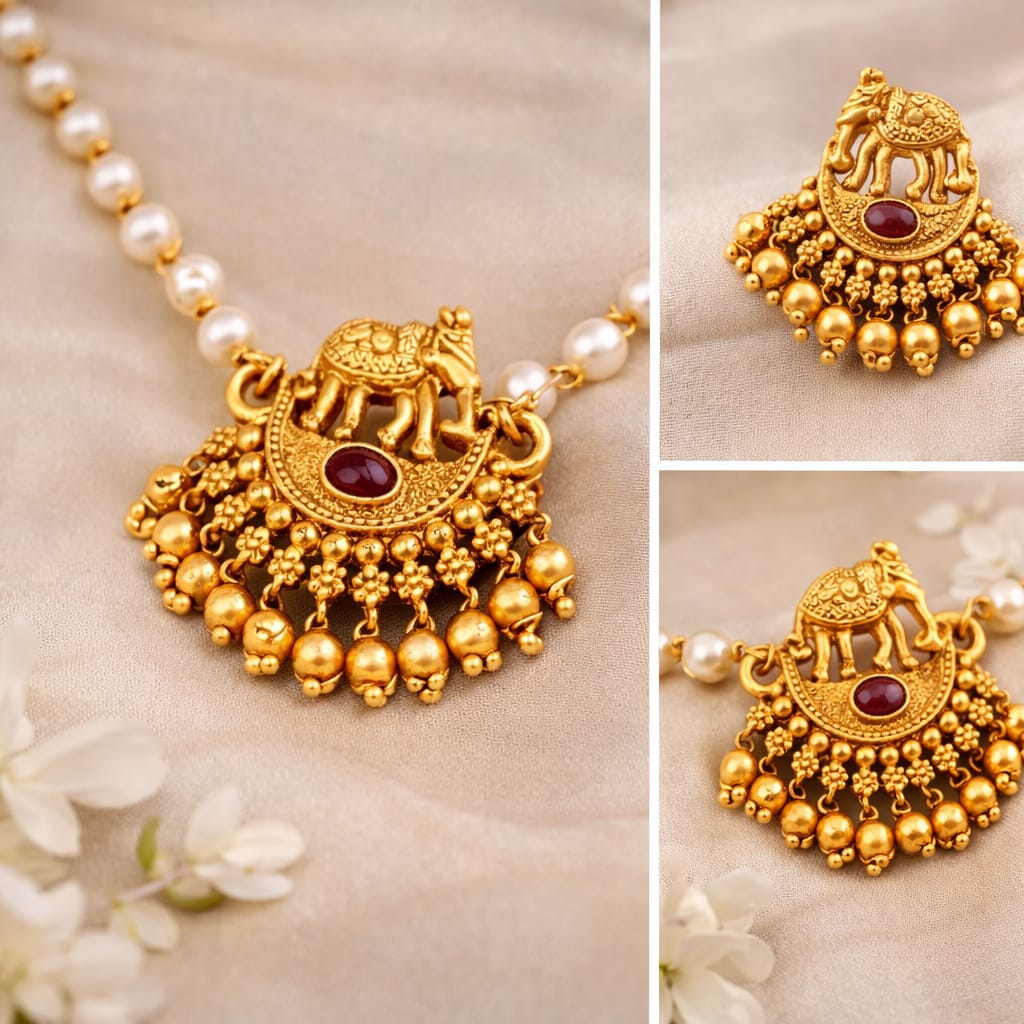 Gold Plated Temple Pearl Necklace Set with Elephant Pendant for Women image 2