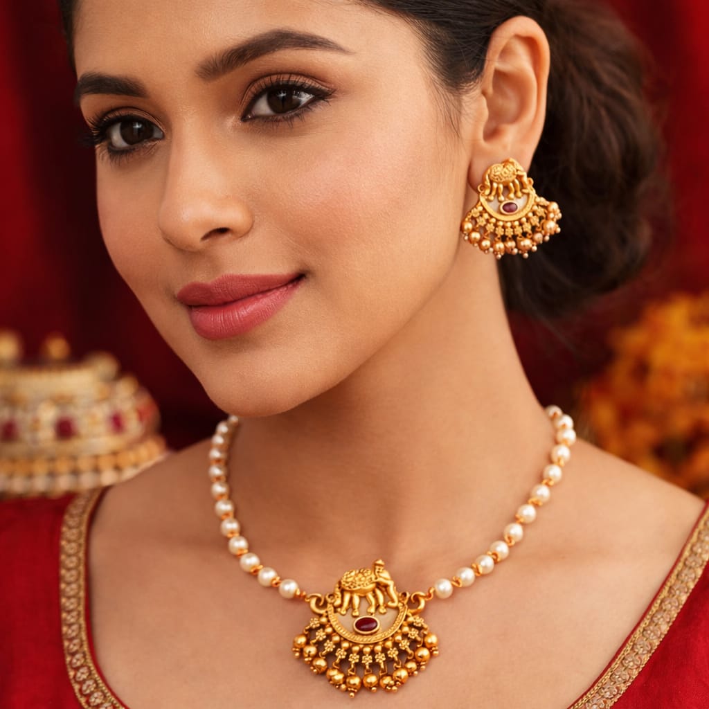 Gold Plated Temple Pearl Necklace Set with Elephant Pendant for Women image 3
