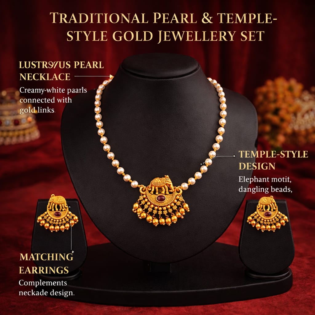 Gold Plated Temple Pearl Necklace Set with Elephant Pendant for Women image 4