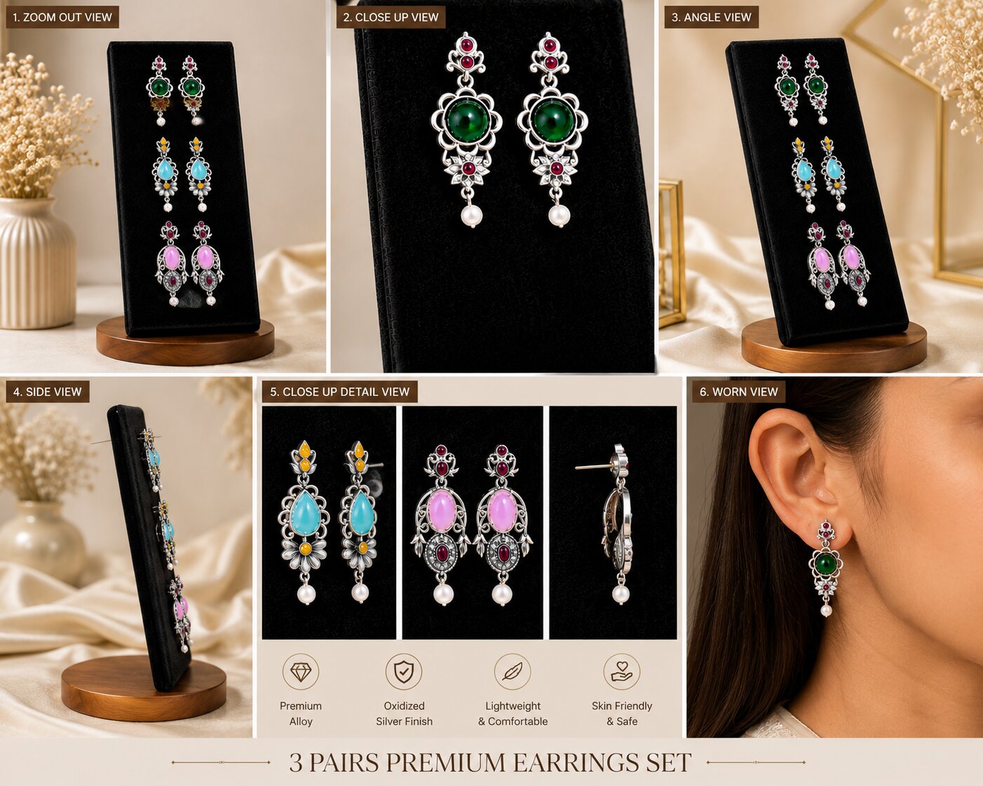 Silver Oxidised Stone Drop Earrings for Women (Multicolor Options) image 2