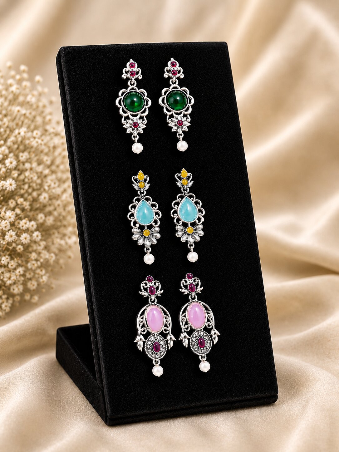 Silver Oxidised Stone Drop Earrings for Women (Multicolor Options) image 4