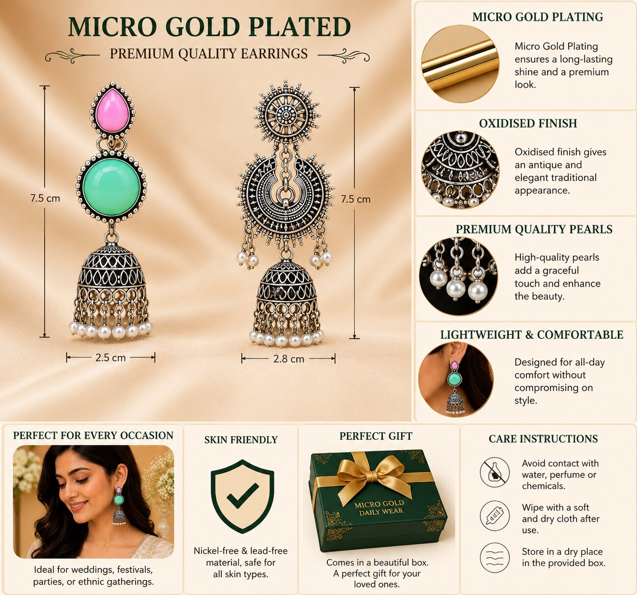 Micro Gold Oxidised Jhumka Earrings Combo for Women (Pack of 2) image 4