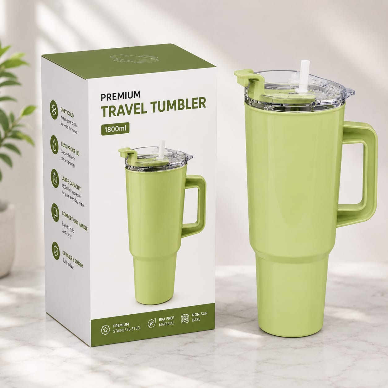 1800ML Large Capacity Travel Tumbler with Handle, Straw & Lid (GREEN) image 3