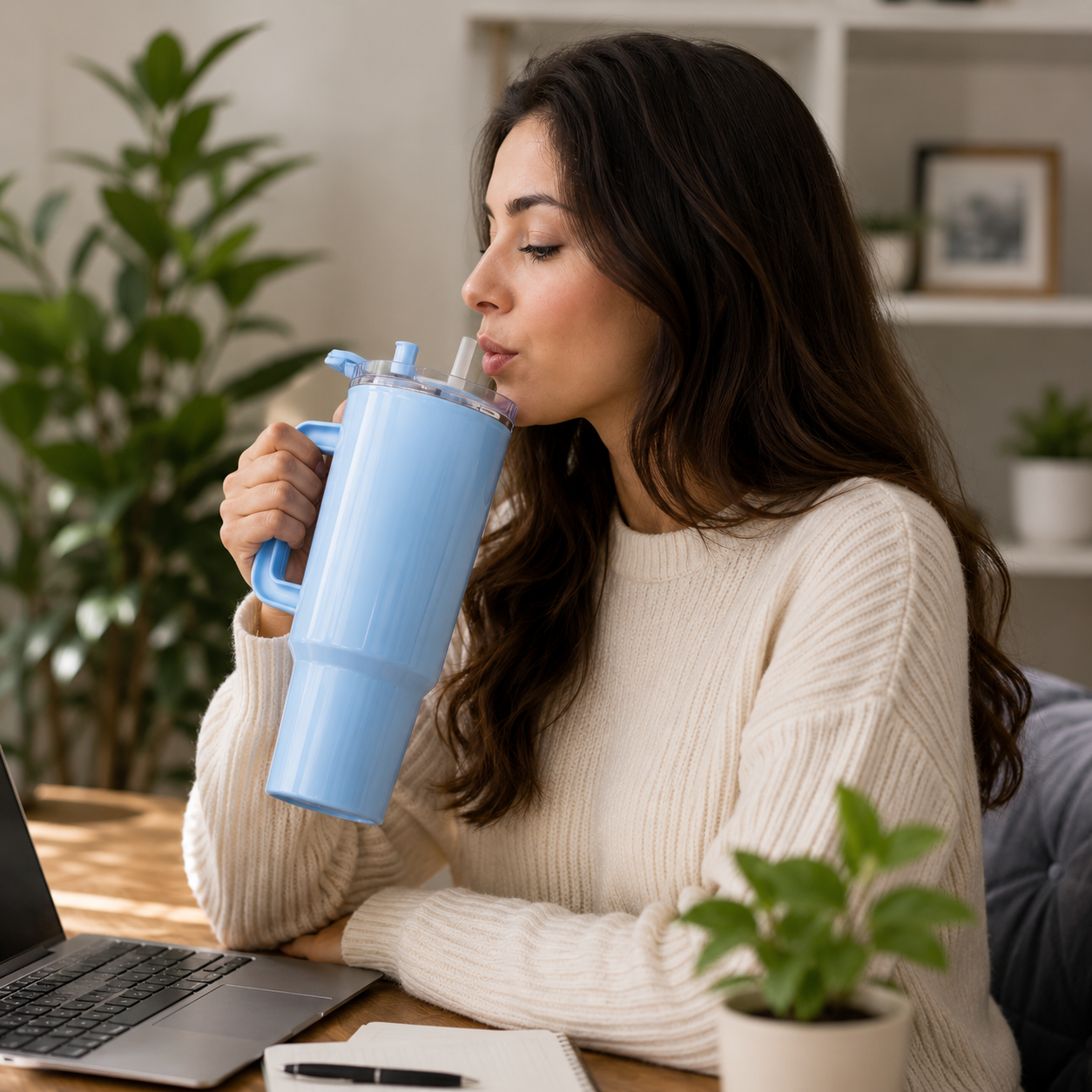 1800ML Large Capacity Tumbler with Handle, Straw & Lid (BLUE) image 2