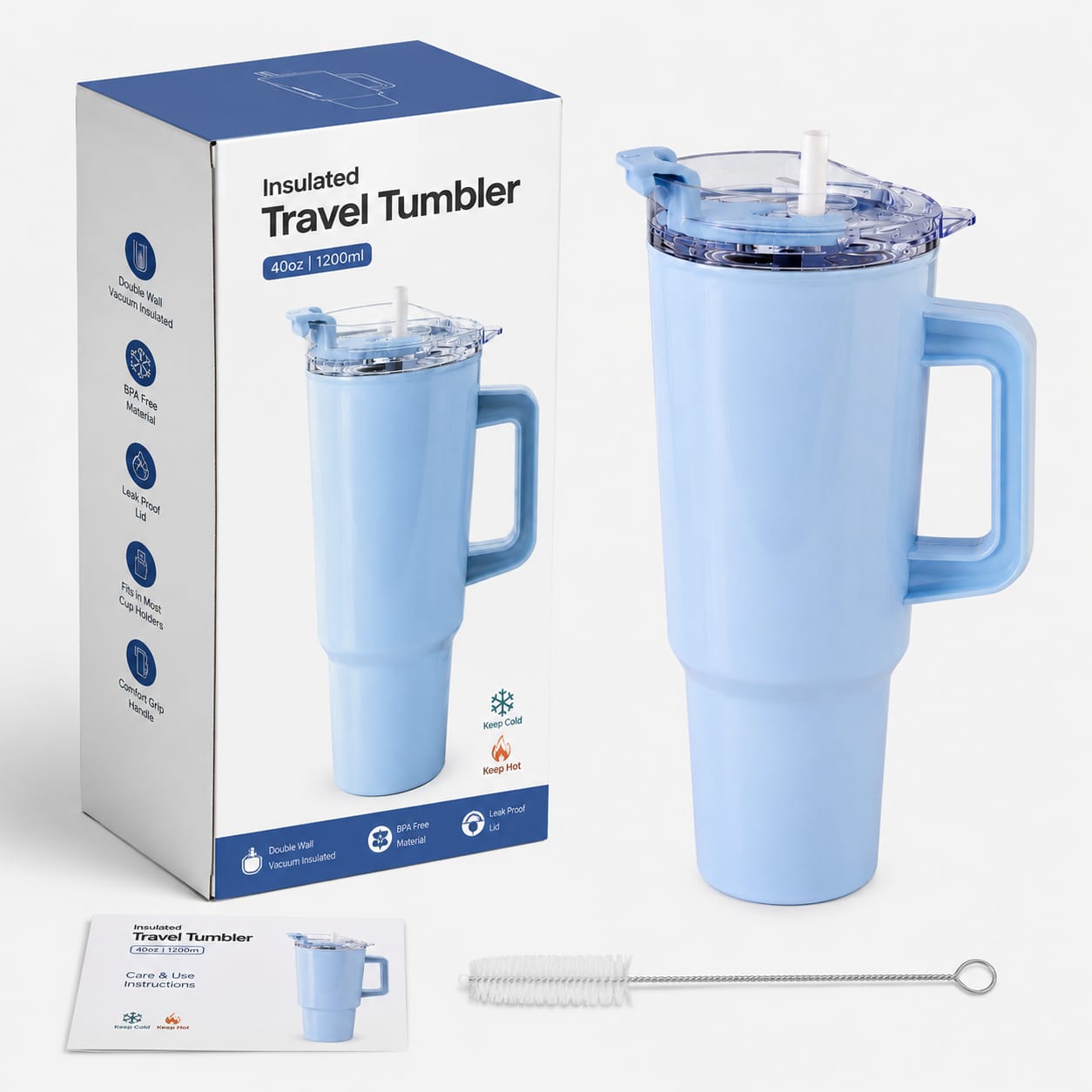 1800ML Large Capacity Tumbler with Handle, Straw & Lid (BLUE) image 3